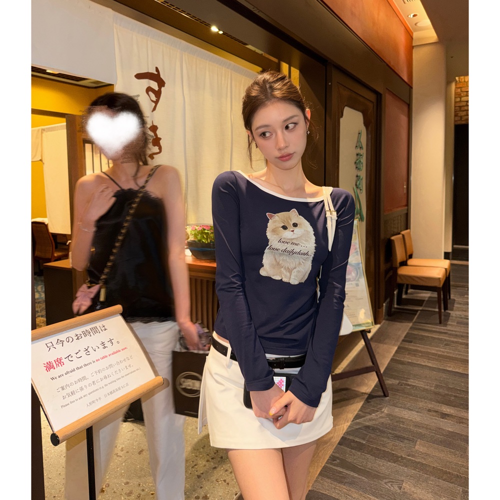 보트넥 그래픽 긴팔 티셔츠 레트로 크롭티 2style - 상세 이미지 5