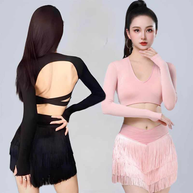 사교 여성 라틴댄스 스커트 댄스스포츠 라인 방송 댄스치마 더티핑크 상의 M - 상품 이미지