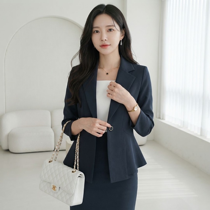 여성 7부 페플럼 스판 정장자켓 깔끔한 테일러드 싱글 원버튼 재킷 유니폼 77가능