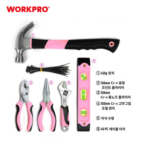 워크프로 가정용 공구세트 DIY 핑크 집수리 집들이 선물 키트 103종 WP206818 - 상세 이미지 5