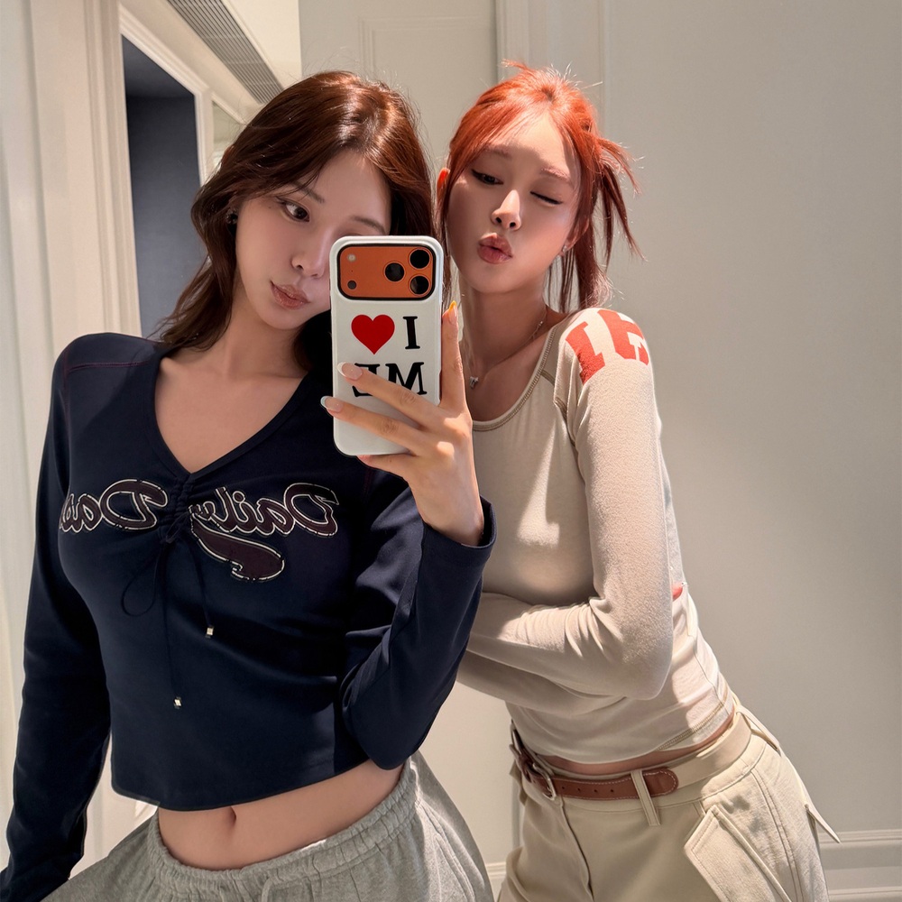 빈티지 셔링 V넥 긴팔 티셔츠 2style - 상품 이미지