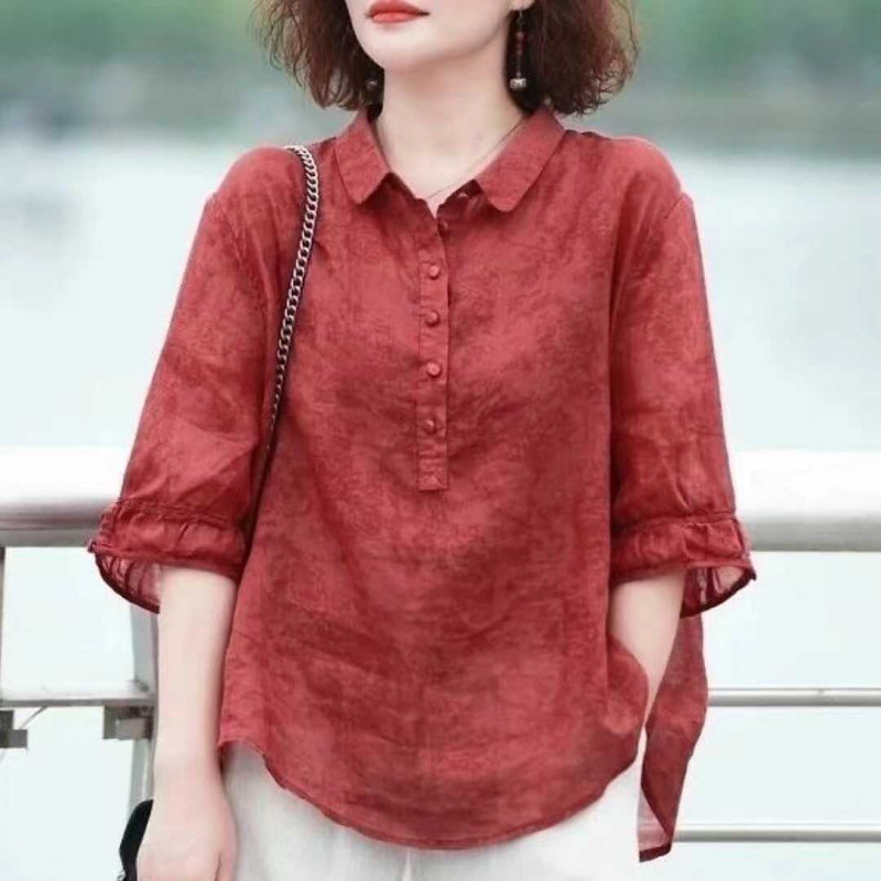 여성 중년여성 모시블라우스 젊은 엄마옷 여름 브이넥 린넨 할머니 50대 루즈핏 핑크 XL - 상세 이미지 4