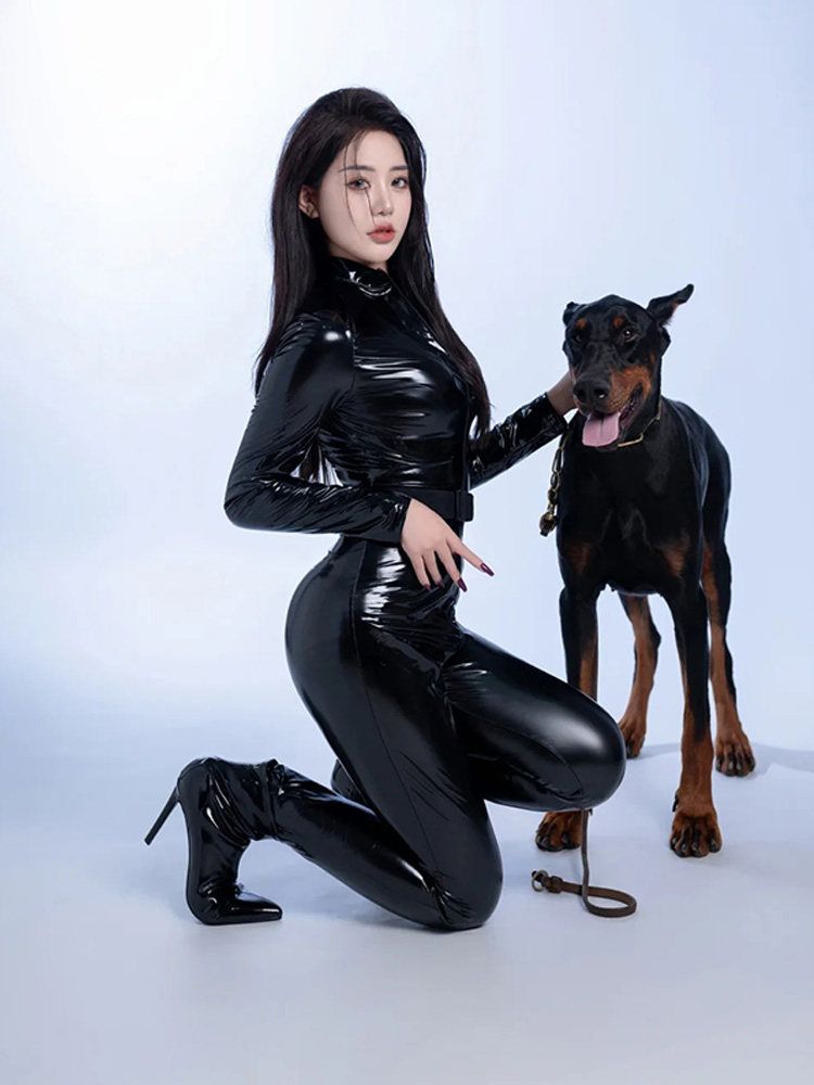 할로윈 캣우먼 점프슈트 가죽 코스프레 코스튬 의상 블랙 점프수트 + 장갑 + 마스크 + 채찍 S - 상세 이미지 5