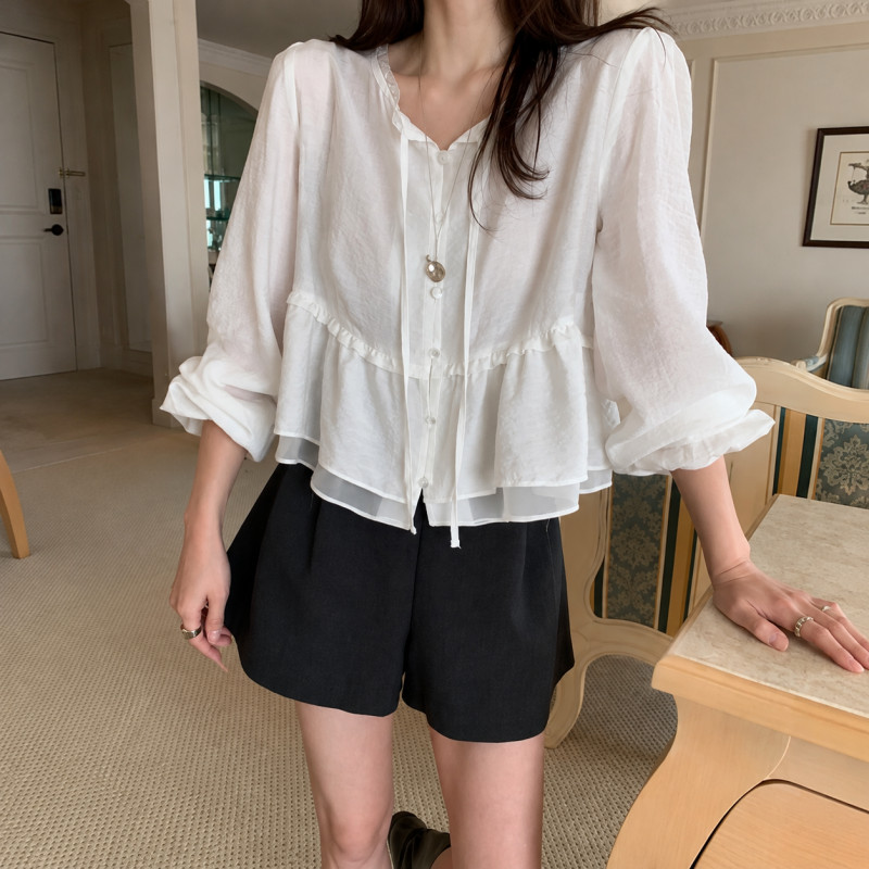 언니네 산지직송3 노윤서 블라우스 티셔츠 여성 여름 코디 패션 4화 레이스 러플 상의 - 상품 이미지