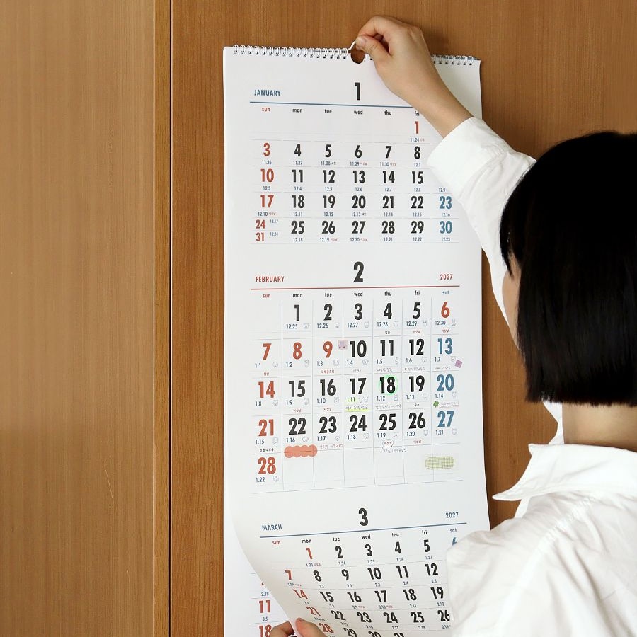 3단달력 2027년 벽걸이달력 대형 27년 벽 캘린더 3개월 음력 절기 - 상세 이미지 3