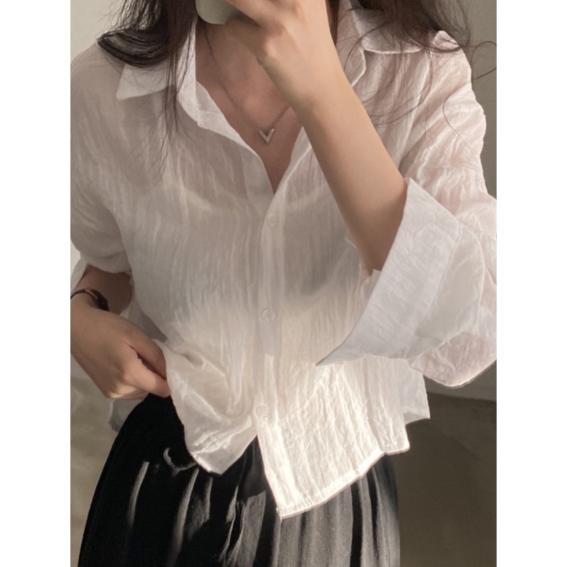린넨크롭셔츠 여성 기장 세미크롭 린넨셔츠 여자 남방 루즈핏 롤업 얇은 아우터 블루 S - 상세 이미지 5