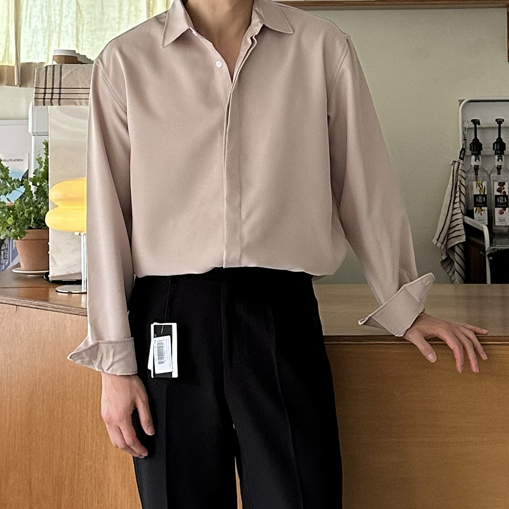 남자 셔츠 구김없는 오버핏 와이드 카라 정장 실크 남방 남성 와이 셔츠 - 상품 이미지