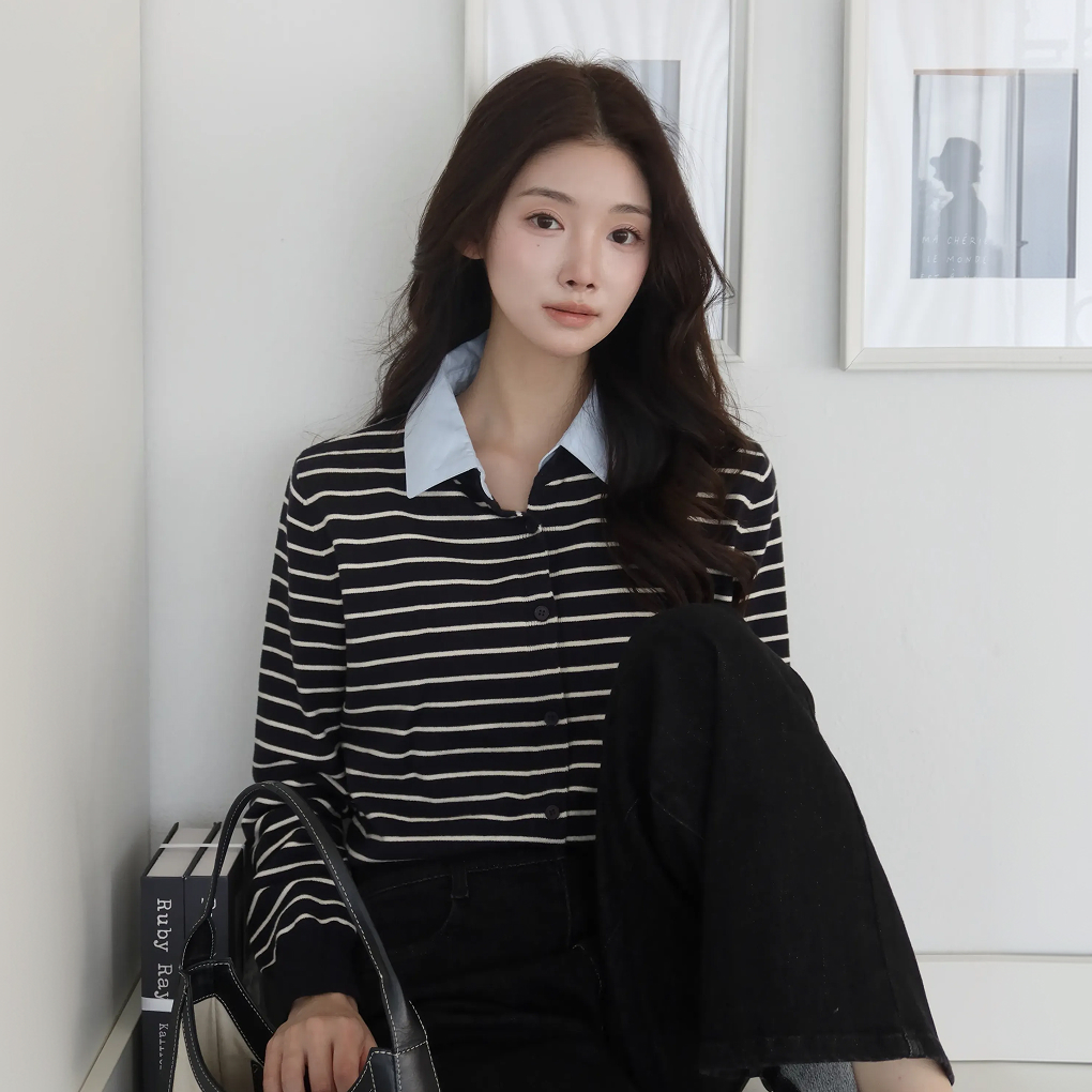 [클라비스] [촉감니트] 우븐카라 가디건_CVCKG4903N - 상품 이미지