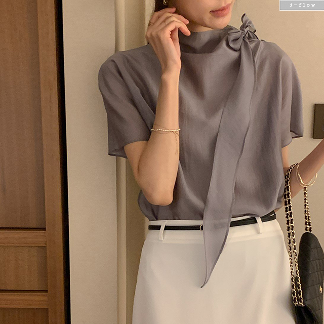 모누 반목 타이넥 드레이프 블라우스 3col 봄 여름 반팔 텐셀 매듭 하객룩 제이플로우 - 상세 이미지 2