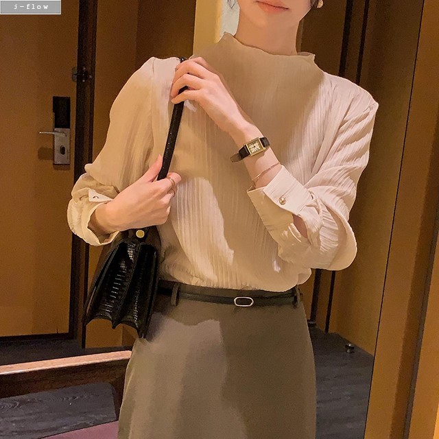 로저 모크넥 플리츠 긴팔 블라우스 3col 가을 봄 반목넥 링클 골드버튼 하객룩 제이플로우 이미지 7