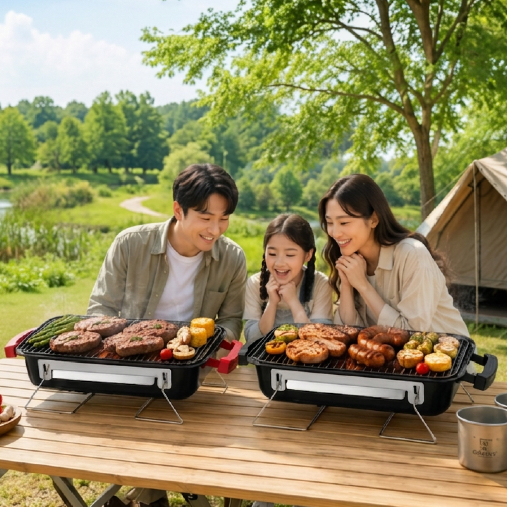 꾸버스 스모킹셰프 바베큐그릴 휴대용 접이식 캠핑 숯불 BBQ 훈제 직화 법랑 사각 화로대 이미지 8