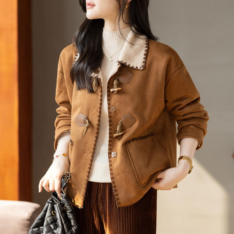 스웨이드자켓 여성 배색 카라 토글버튼 브라운 빈티지 간절기 외투 보온 아우터 - 상품 이미지