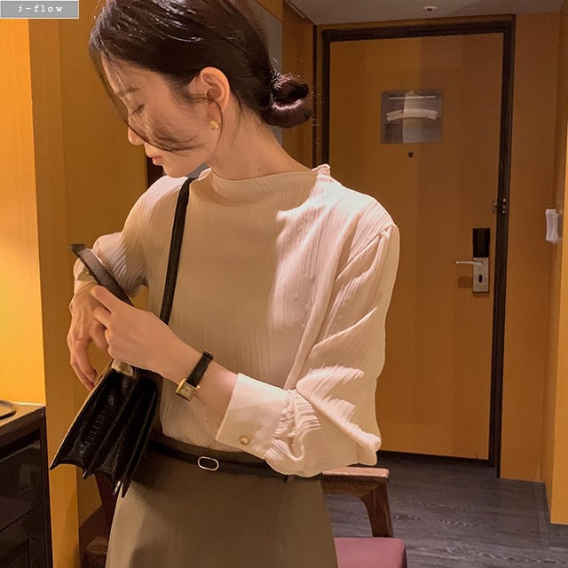 로저 모크넥 플리츠 긴팔 블라우스 3col 가을 봄 반목넥 링클 골드버튼 하객룩 제이플로우 - 상세 이미지 5