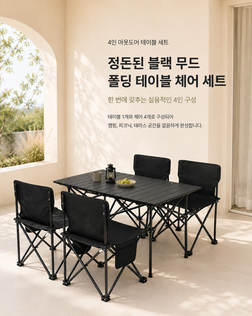 공간녹백 캠핑 테이블 세트 야외 4인용 접이식 의자 블랙 95cm 판매처 상세 정보 이미지 2