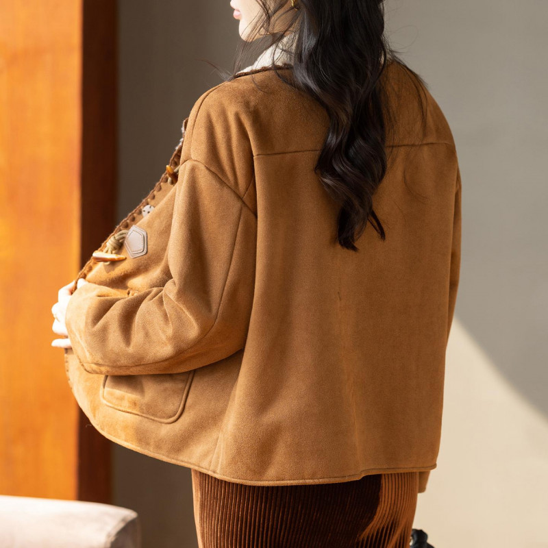 스웨이드자켓 여성 배색 카라 토글버튼 브라운 빈티지 간절기 외투 보온 아우터 - 상세 이미지 5