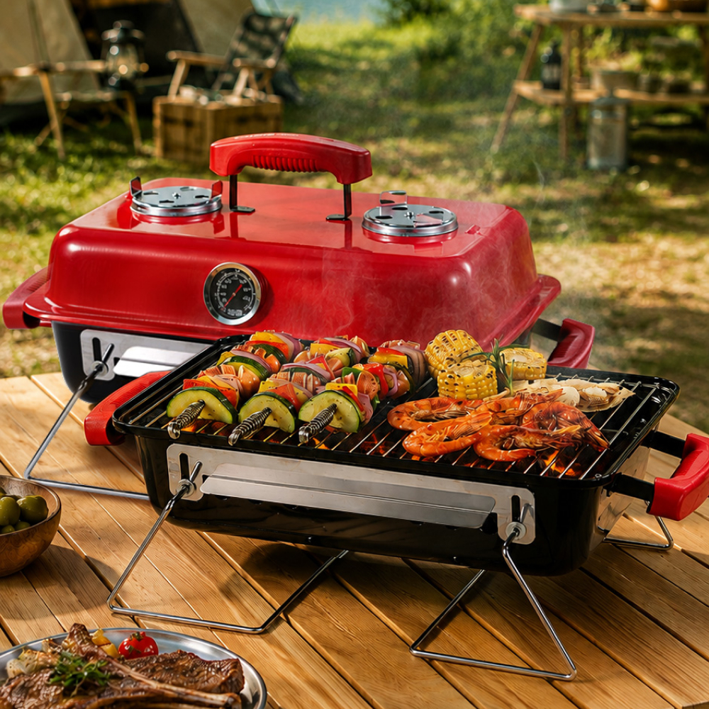 꾸버스 스모킹셰프 바베큐그릴 휴대용 접이식 캠핑 숯불 BBQ 훈제 직화 법랑 사각 화로대 이미지 6