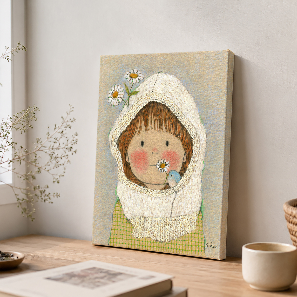 [하얀니트 두건] 캔버스 액자 초록담쟁이 그림 감성 일러스트 3호 6호 벽걸이 인테리어