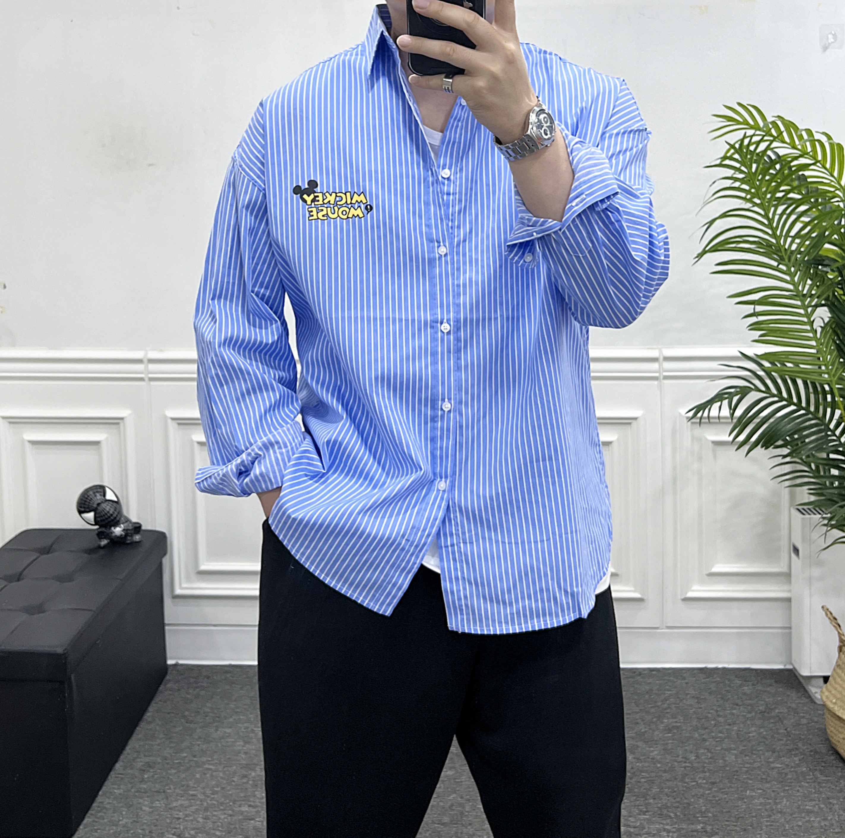 (디즈니정품) 남자 오버핏 남방 미키마우스 스트라이프 흰셔츠 이미지 7