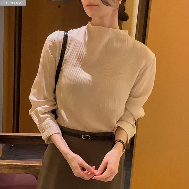 로저 모크넥 플리츠 긴팔 블라우스 3col 가을 봄 반목넥 링클 골드버튼 하객룩 제이플로우 - 상품 이미지