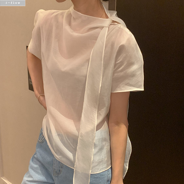 모누 반목 타이넥 드레이프 블라우스 3col 봄 여름 반팔 텐셀 매듭 하객룩 제이플로우 이미지 6