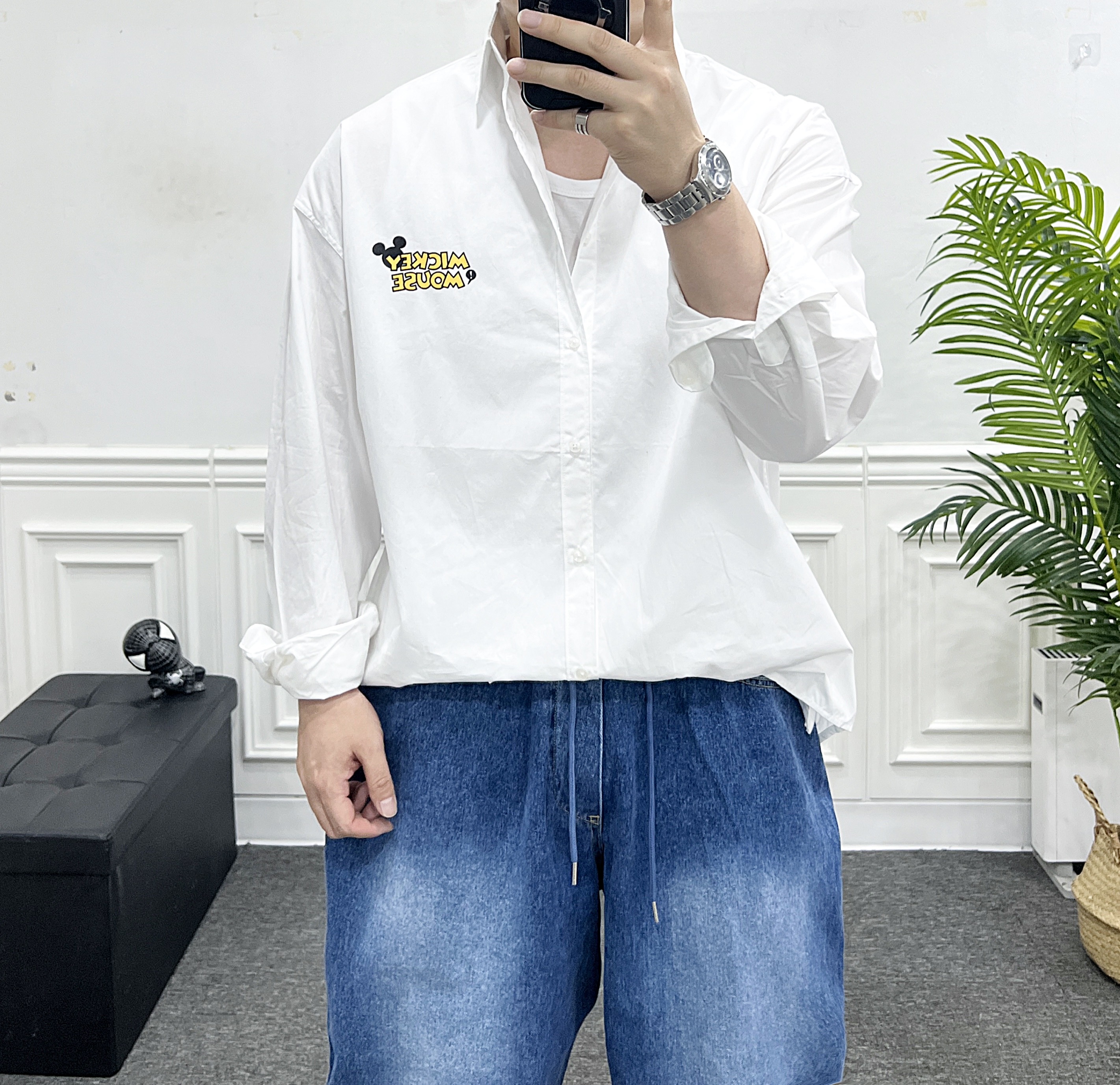 (디즈니정품) 남자 오버핏 남방 미키마우스 스트라이프 흰셔츠 이미지 8