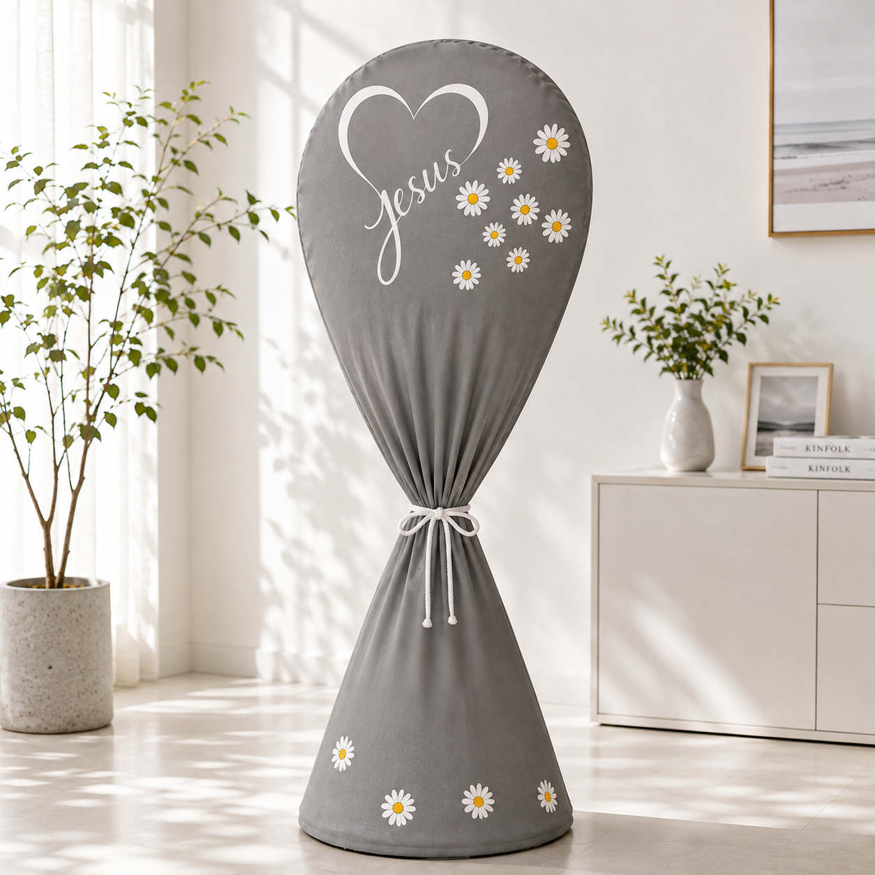 롱 스탠드 선풍기 커버 벽걸이 덮개 60cm X 145cm, 롱스탠드선풍기커버 하트플라워(그레이) - 상품 이미지