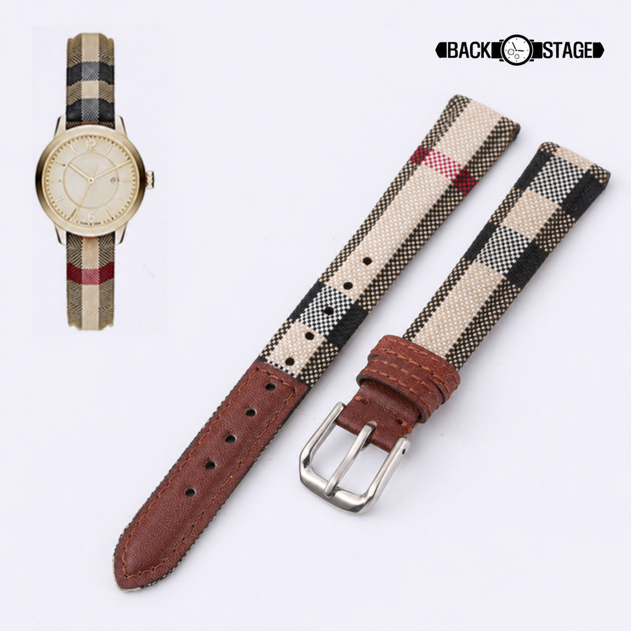 버버리 캔버스 체크 가죽 호환 시계줄 12mm BU10201 BU4557 - 상품 이미지