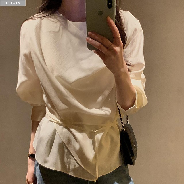 베리드 드레이프 라운드넥 스트랩 블라우스 3col 가을 봄 루즈핏 텐셀 오피스룩 제이플로우 - 상세 이미지 4