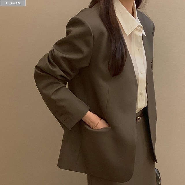 드엔 노카라 오버핏 싱글 자켓 2col 가을 봄 클래식 브이넥 정장 오피스룩 제이플로우 - 상세 이미지 5