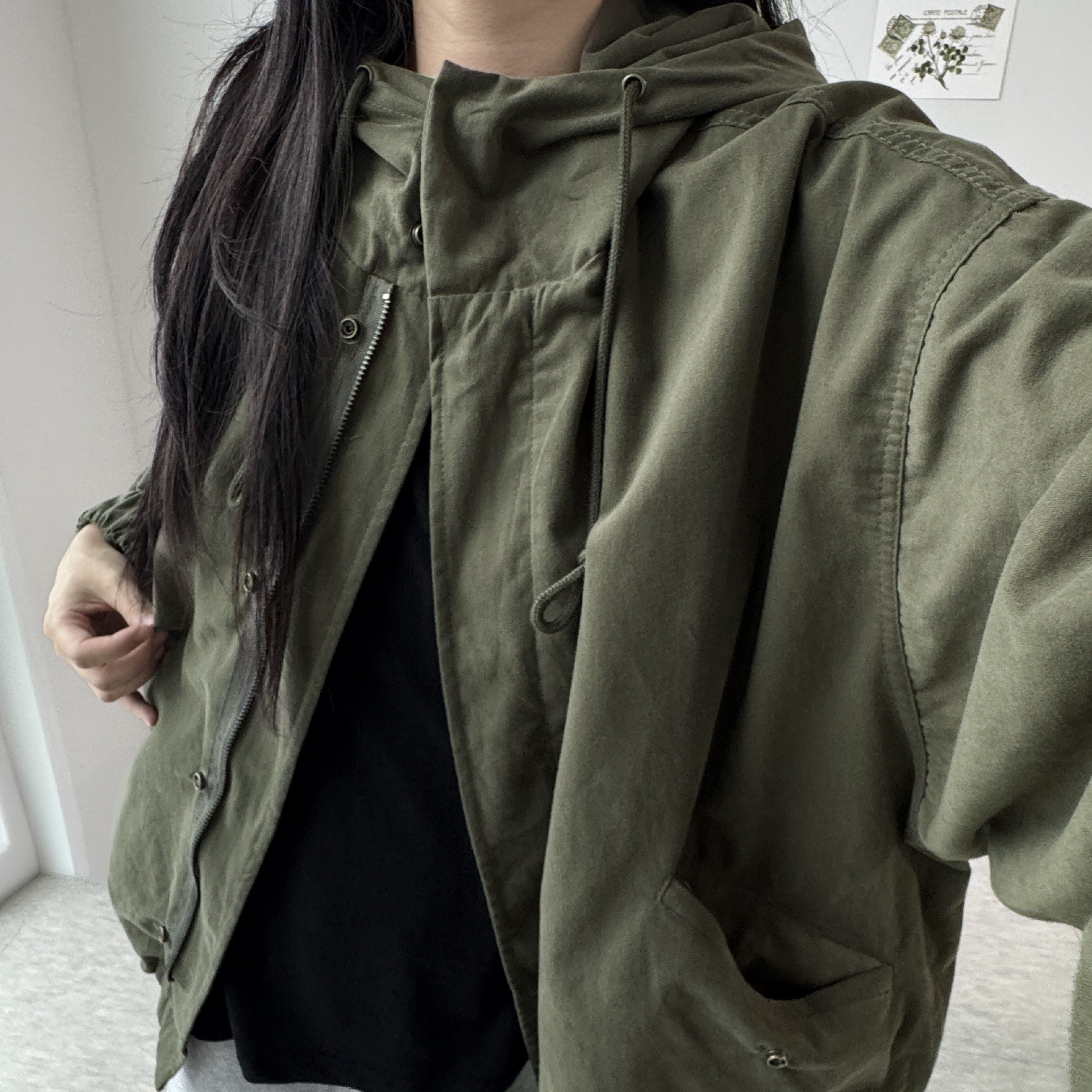 여성 후드 야상 자켓 히든버튼 루즈핏 가을 간절기 점퍼 블루종 캐주얼 데일리 바람막이 자켓 이미지 6