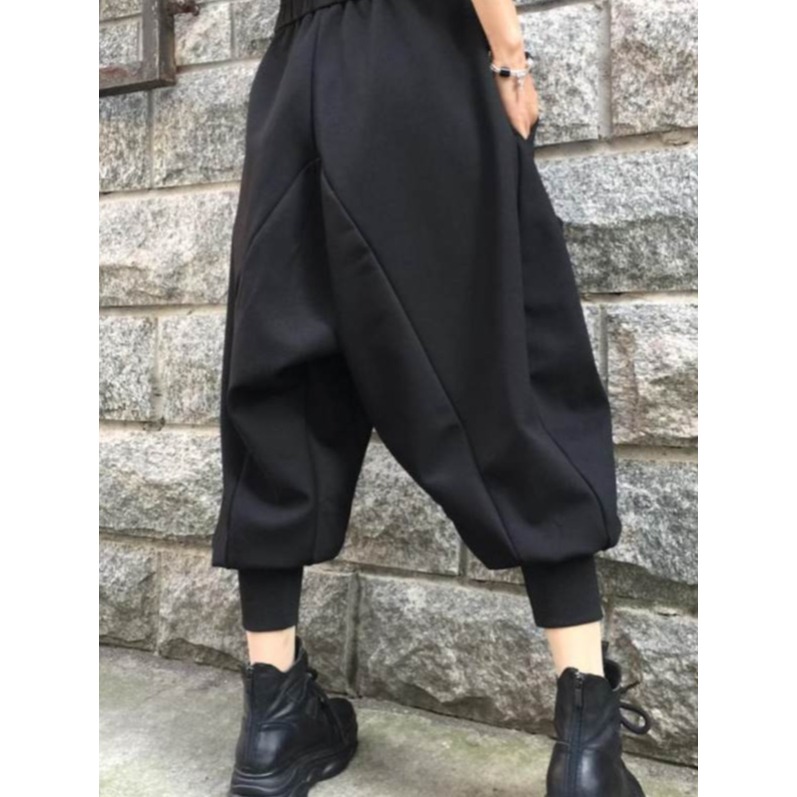 팬츠 배기 똥싼바지 짙은 검은바지 배기팬츠 드롭 크로치 하렘팬츠 스판 블랙 - 상세 이미지 4