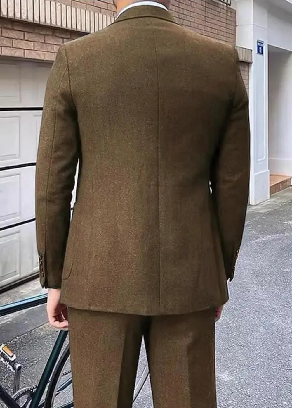 남성 정장 3피스 헤링본 트위드 슬림핏 수트 자켓 조끼 바지 - 상세 이미지 2