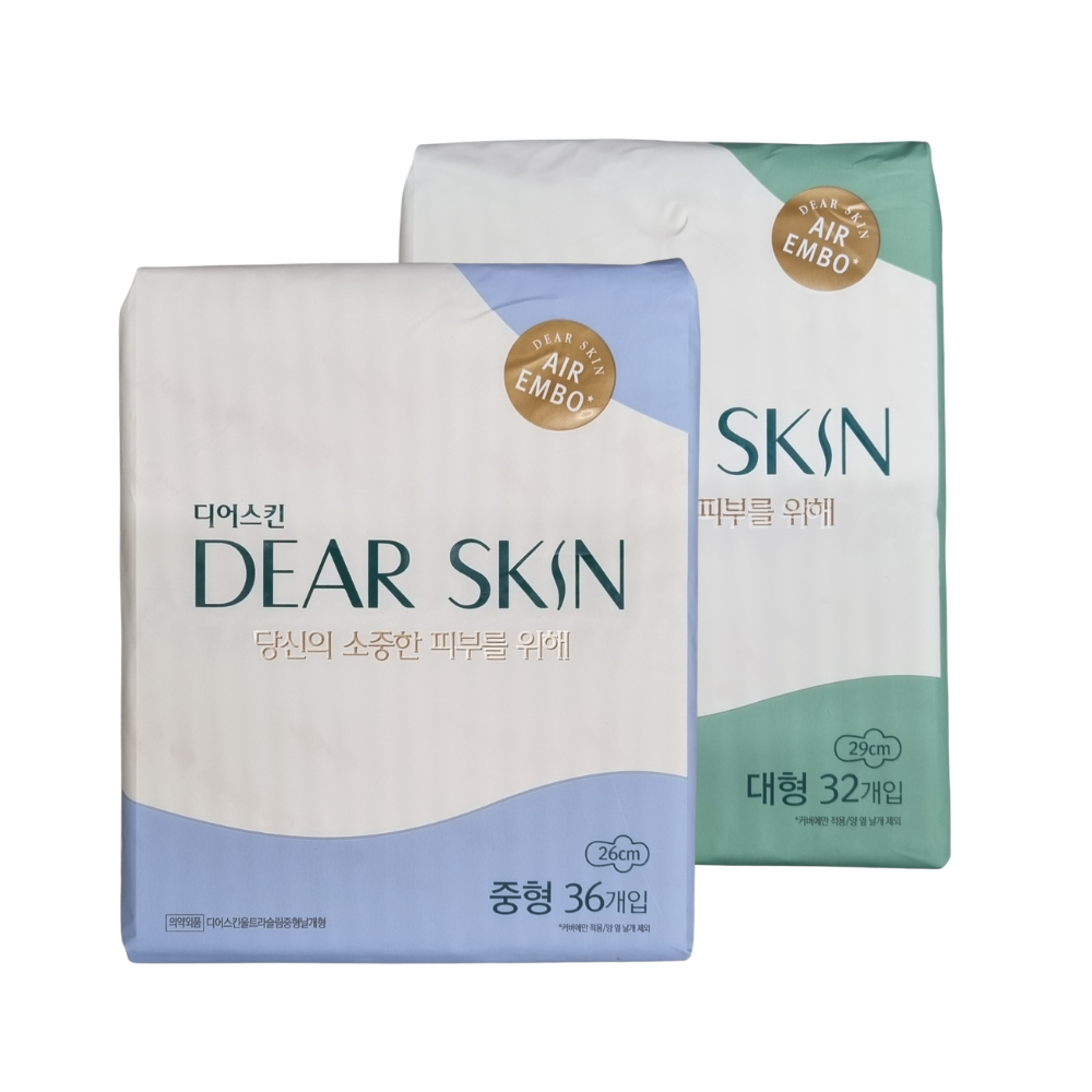 디어스킨 에어엠보 날개형 생리대 중형 36매 x1팩 + 대형 32매 x1팩 - 상품 이미지