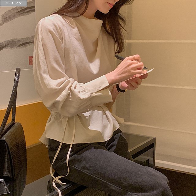 카이아 볼륨 드레이프넥 스트랩 블라우스 3col 가을 봄 모크넥 벨트 울 루즈핏 제이플로우 이미지 7