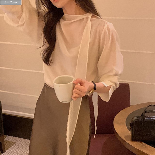 류프 반목 타이넥 루즈핏 텐셀 블라우스 3col 가을 봄 퍼프 셔링 드레이프 제이플로우 - 상세 이미지 4