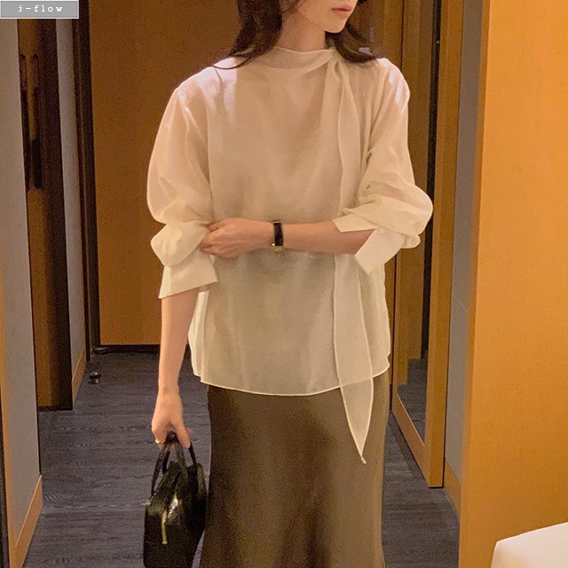 류프 반목 타이넥 루즈핏 텐셀 블라우스 3col 가을 봄 퍼프 셔링 드레이프 제이플로우 이미지 8
