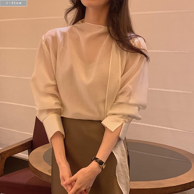 류프 반목 타이넥 루즈핏 텐셀 블라우스 3col 가을 봄 퍼프 셔링 드레이프 제이플로우 - 상세 이미지 2