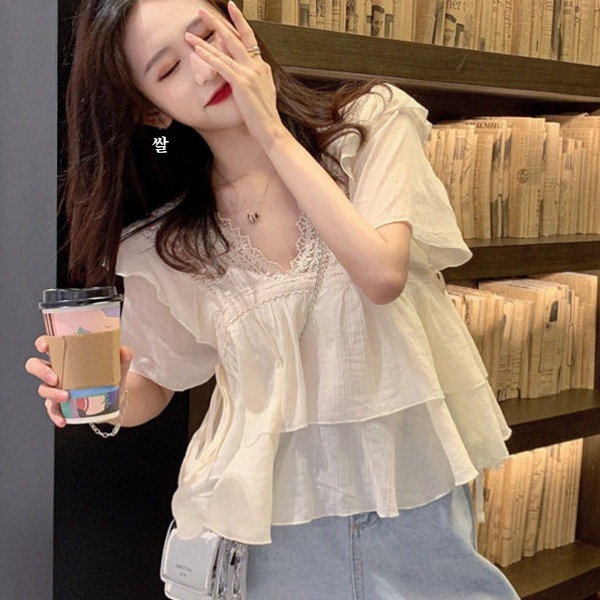 여성 프릴 티셔츠 반팔 셔츠 날개 레이스 블라우스 러플 레이어드 탑 - 상세 이미지 2