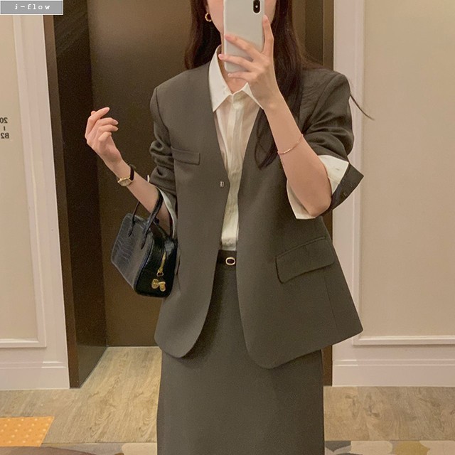 드엔 노카라 오버핏 싱글 자켓 2col 가을 봄 클래식 브이넥 정장 오피스룩 제이플로우 - 상세 이미지 3