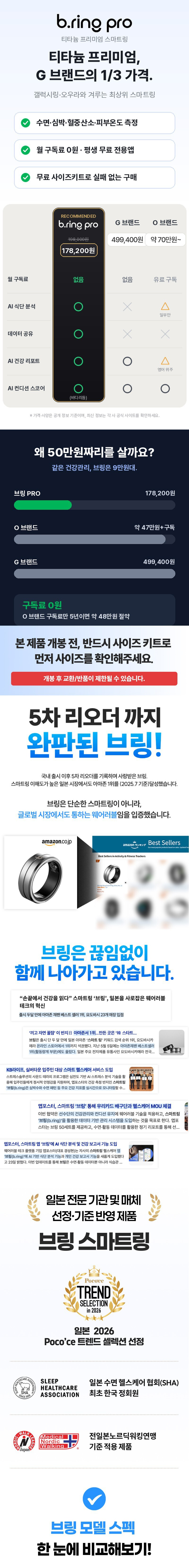 브링 PRO 티타늄 스마트링 스마트반지 수면 심박수 피부온도 갤럭시 애플 호환 판매처 상세 정보 이미지 3