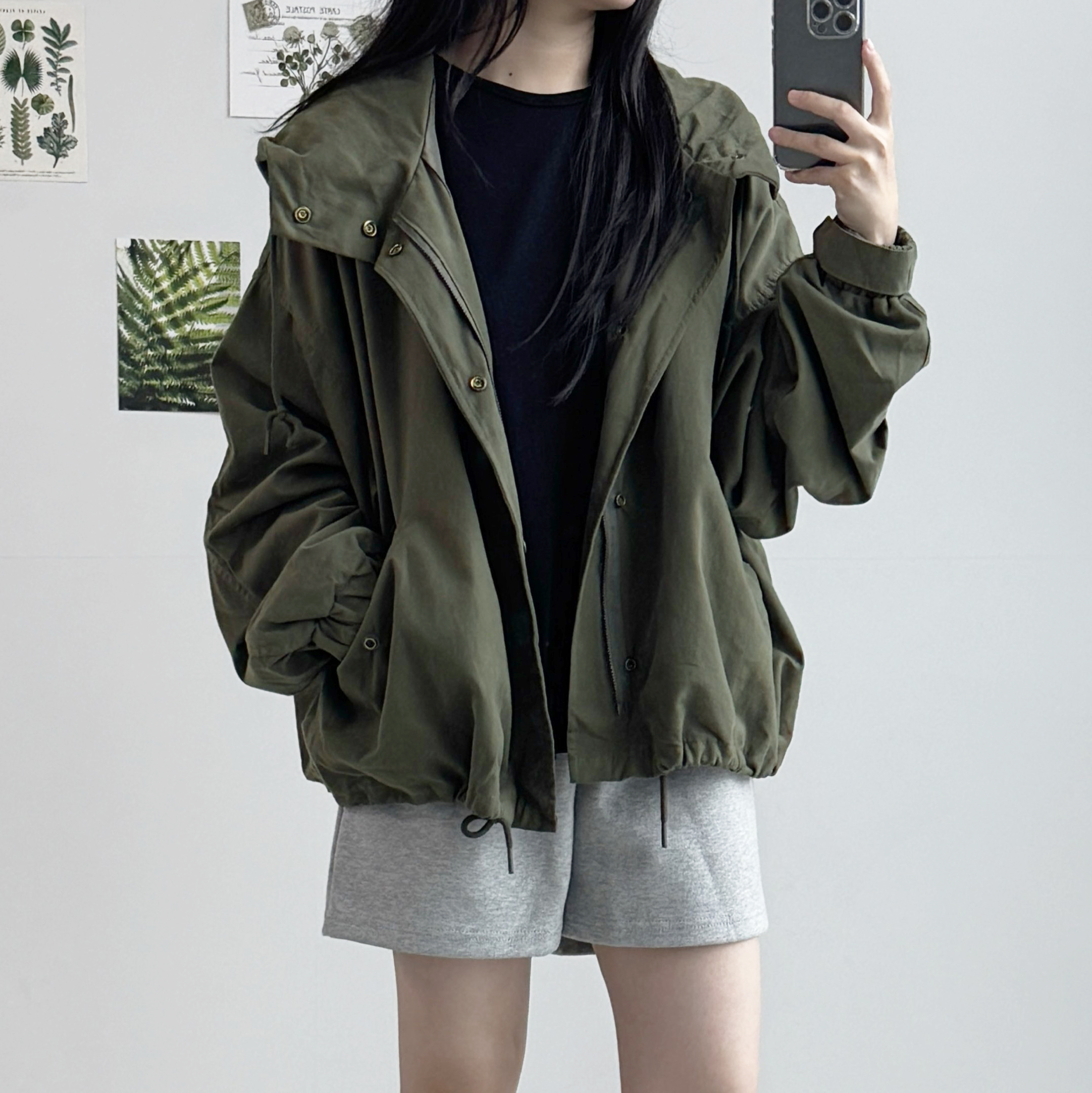 여성 후드 야상 자켓 히든버튼 루즈핏 가을 간절기 점퍼 블루종 캐주얼 데일리 바람막이 자켓 - 상품 이미지
