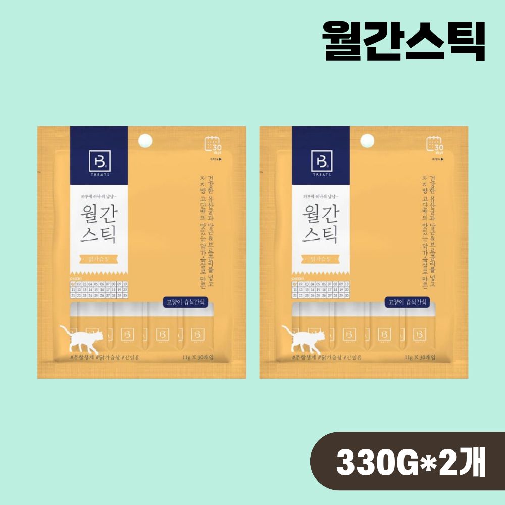 [+N포인트 1천] 월간스틱 대용량 짜먹는 고양이간식 닭가슴살, 330g, 2개 - 상품 이미지