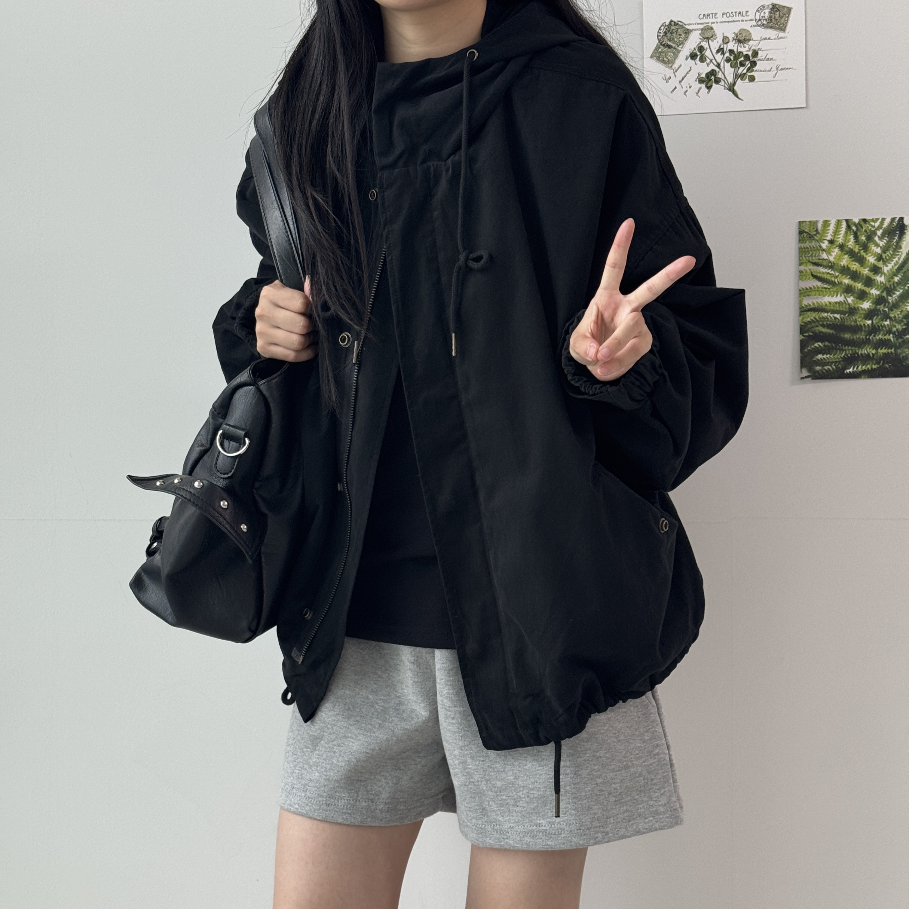 여성 후드 야상 자켓 히든버튼 루즈핏 가을 간절기 점퍼 블루종 캐주얼 데일리 바람막이 자켓 이미지 8