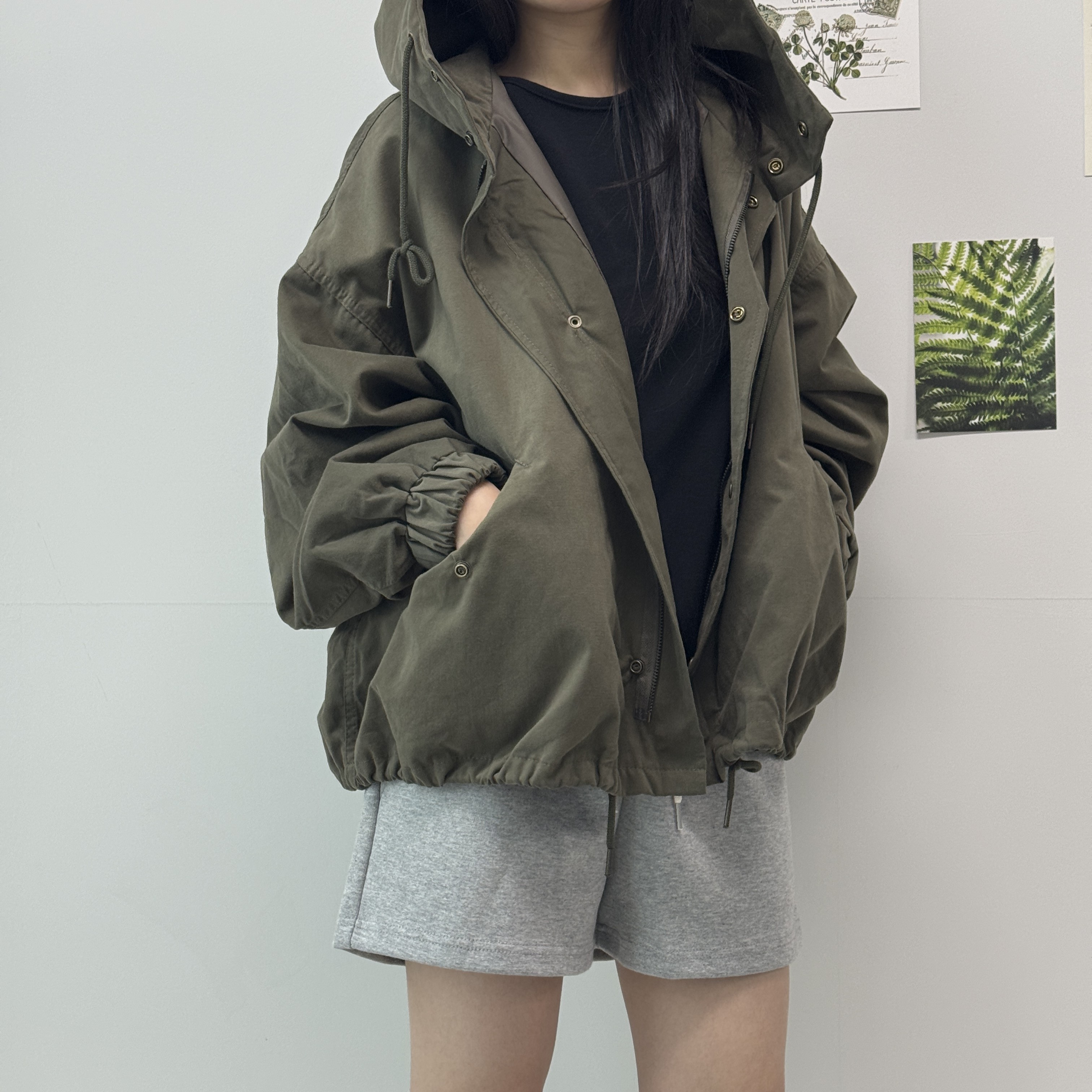 여성 후드 야상 자켓 히든버튼 루즈핏 가을 간절기 점퍼 블루종 캐주얼 데일리 바람막이 자켓 - 상세 이미지 4