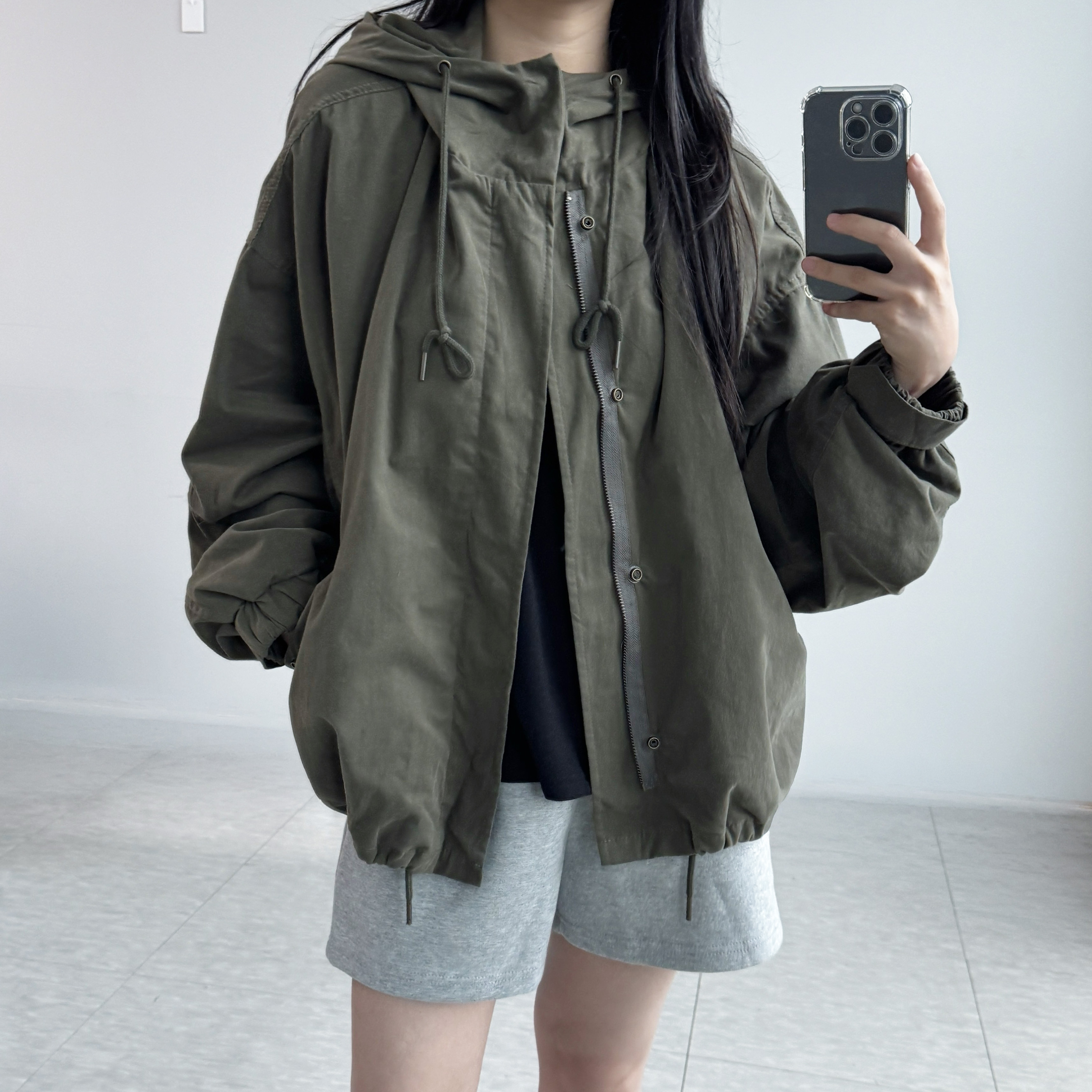 여성 후드 야상 자켓 히든버튼 루즈핏 가을 간절기 점퍼 블루종 캐주얼 데일리 바람막이 자켓 이미지 7