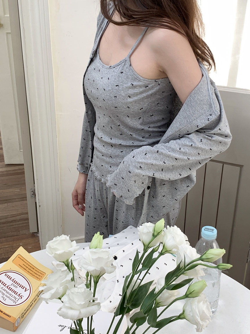캡내장잠옷 노카라 수유잠옷 캡나시 긴팔 가디건 홈웨어 쓰리피스 세트 모찌리본 파자마 - 상품 이미지