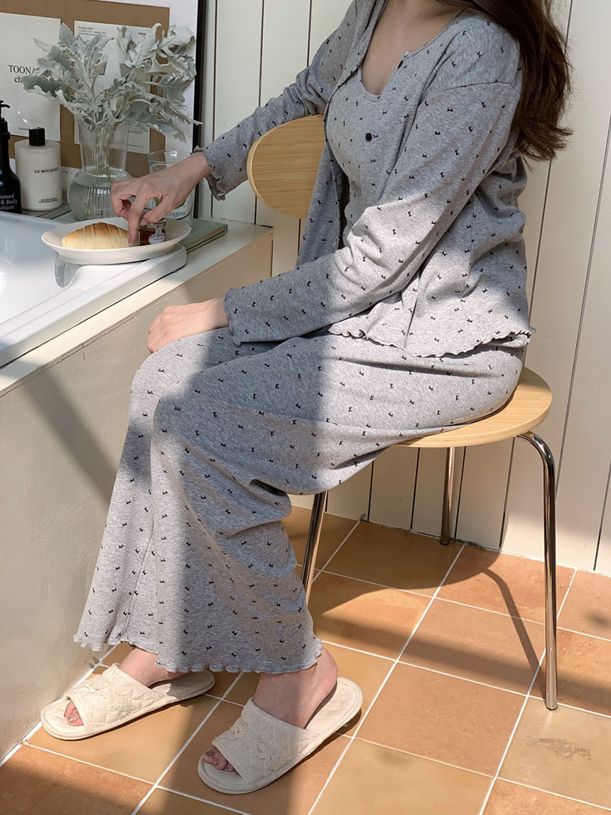 캡내장잠옷 노카라 수유잠옷 캡나시 긴팔 가디건 홈웨어 쓰리피스 세트 모찌리본 파자마 이미지 6