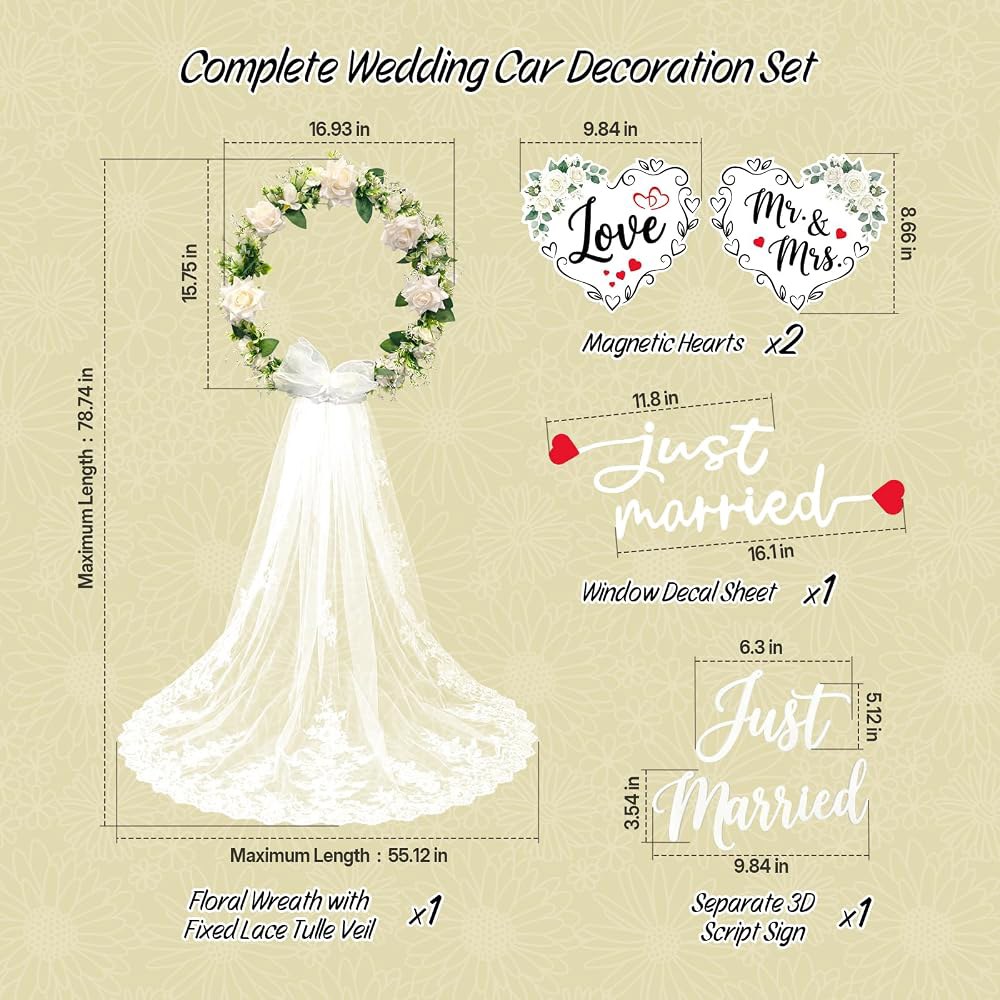 Just Married 자동차 장식 키트 u2013 흰색 꽃 화환과 흩날리는 레이스 튤, 3D 사인, 자석식 남편 & 아내 사랑 하트, 창문 데칼 우아한 여행용 장식, 결혼식용 - 상세 이미지 2