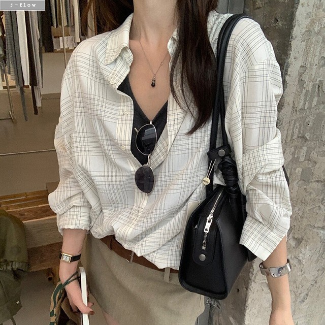 브링 체크 오버핏 하프 박시 셔츠 2col 가을 봄 루즈핏 여리핏 코튼 데일리 제이플로우 이미지 7
