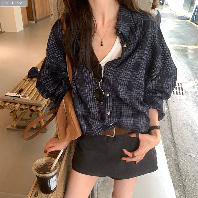 브링 체크 오버핏 하프 박시 셔츠 2col 가을 봄 루즈핏 여리핏 코튼 데일리 제이플로우 - 상품 이미지